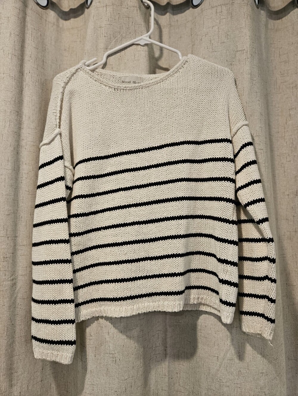 Cream and Black Striped Crewneck Sweater